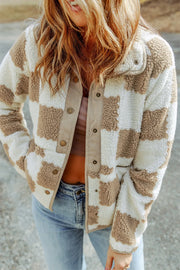 Teddy checkered utility jacket in Dust Storm with tan accents and snap closures.