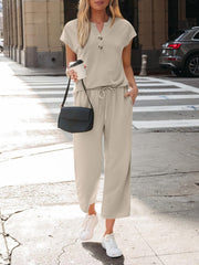 Apricot notched V-neck top and drawstring wide-leg pants set with short sleeves.