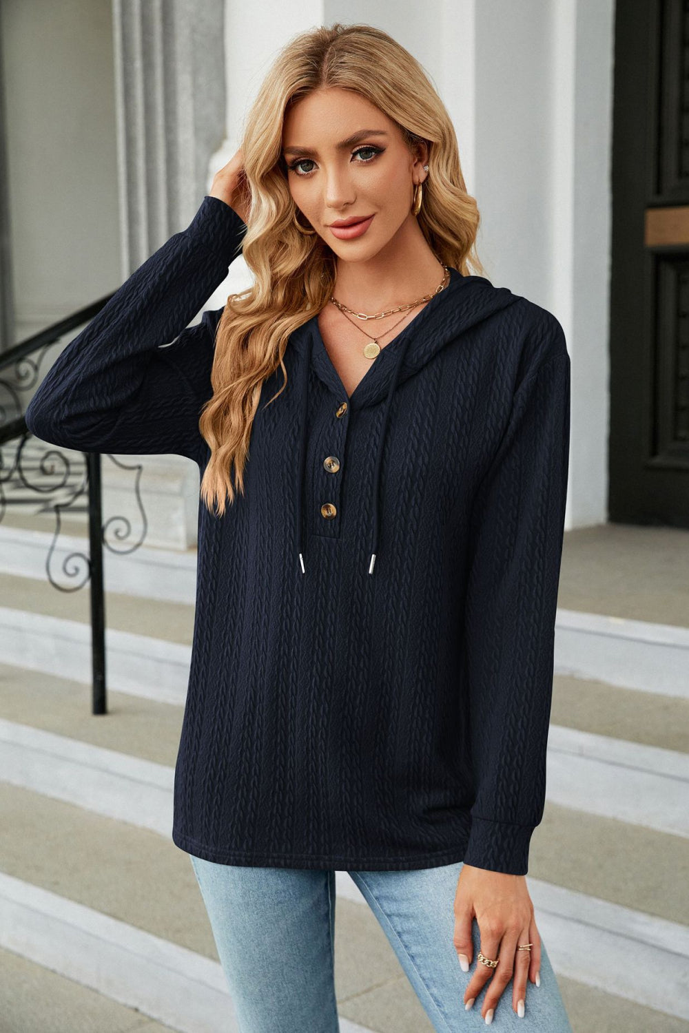Dark Navy textured henley hooded knit top with button detail and drawstring.
