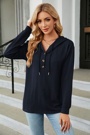 Dark Navy textured henley hooded knit top with button detail and drawstring.