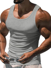 Gray scoop neck tank top with a ribbed texture, sleeveless, and a relaxed fit.