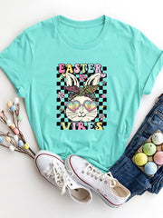 Aqua graphic tee with Easter bunny wearing heart sunglasses and leopard print bandana.