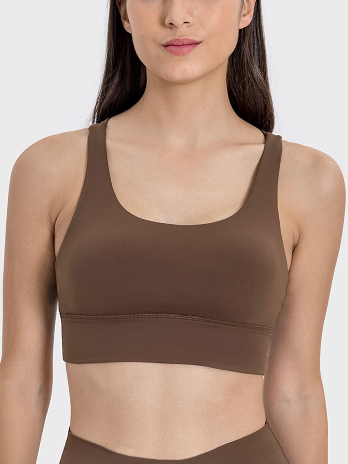 Crisscross Back Performance Bra in Caramel with scoop neck and racerback straps.