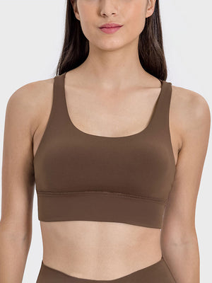 Crisscross Back Performance Bra in Caramel with scoop neck and racerback straps.