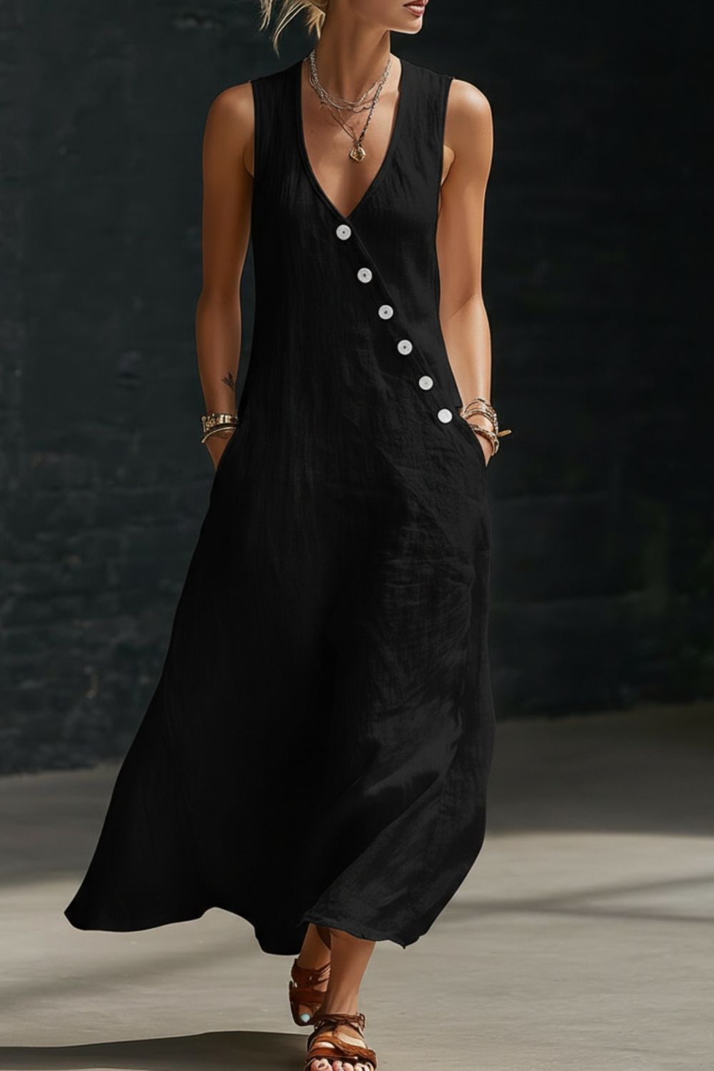 Black asymmetrical button-down midi dress with V-neck and sleeveless cut.