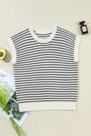 Sleeveless knit tank top with horizontal black and white stripes and a crew neckline.