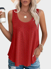 Deep Red eyelet scoop-neck trapeze tank top with a relaxed fit.