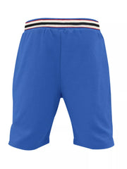 Blue textured drawstring shorts with striped waistband
