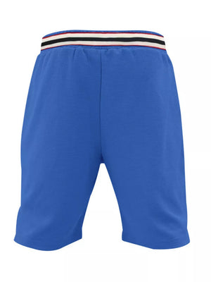 Blue textured drawstring shorts with striped waistband