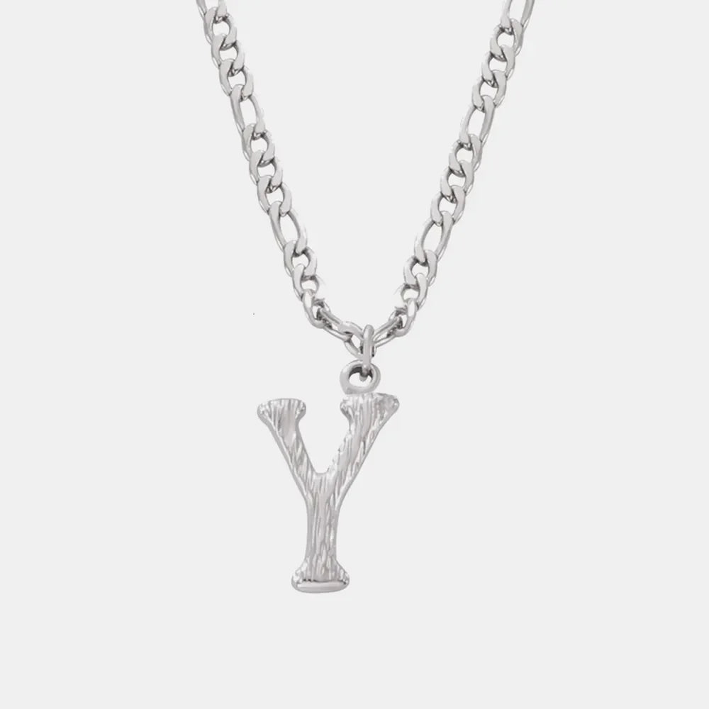 Textured initial pendant necklace in silver with a figaro chain, Style Y