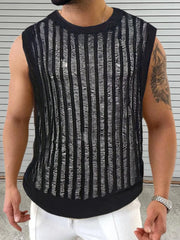Black textured stripe knit tank top with a crew neck and sleeveless design.