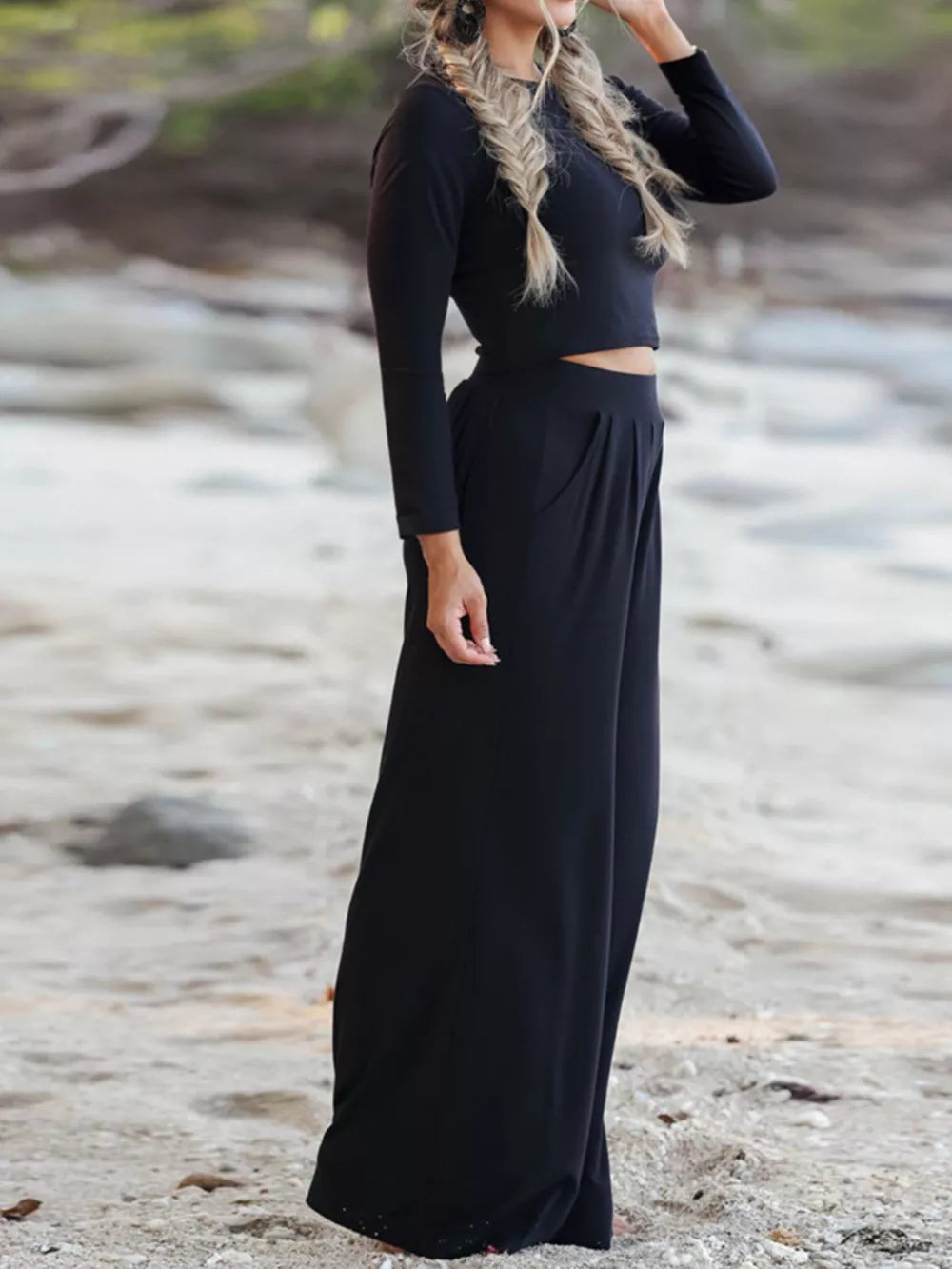 Long Sleeve Crop Top And Wide-leg Pants Set in Black, close-up detail
