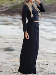 Long Sleeve Crop Top And Wide-leg Pants Set in Black, close-up detail