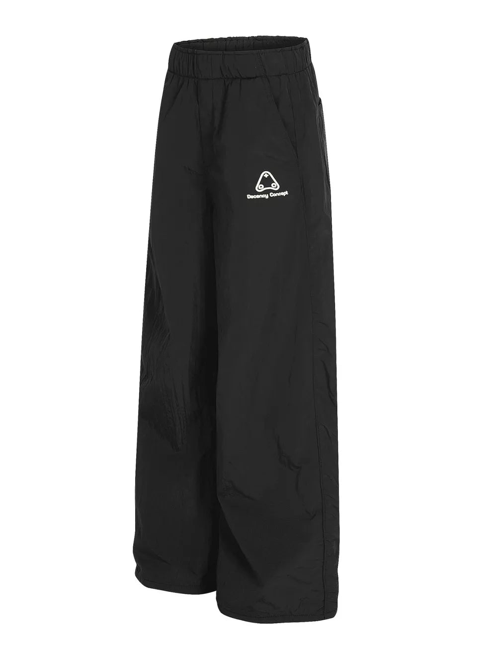 Black wide-leg sweatpants with crinkled texture and logo detail.