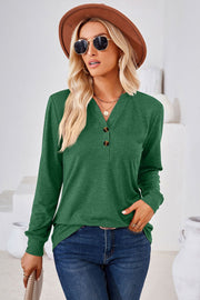 Dark green Henley neckline jersey top with button detail and long sleeves.