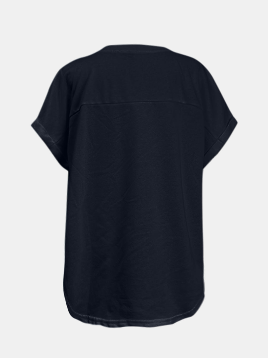 Black t-shirt with short sleeves and a rounded hem.