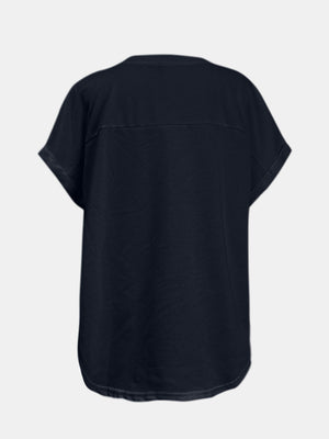 Black t-shirt with short sleeves and a rounded hem.