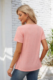Button-Trimmed Gathered Yoke Top in watermelon pink, short sleeves, casual fit