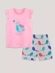 Pink cotton toddler shorts set with playful bird graphic and ruffled sleeves.