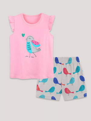 Pink cotton toddler shorts set with playful bird graphic and ruffled sleeves.