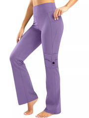 Purple high-waisted yoga pants with flared leg and cargo pocket detail