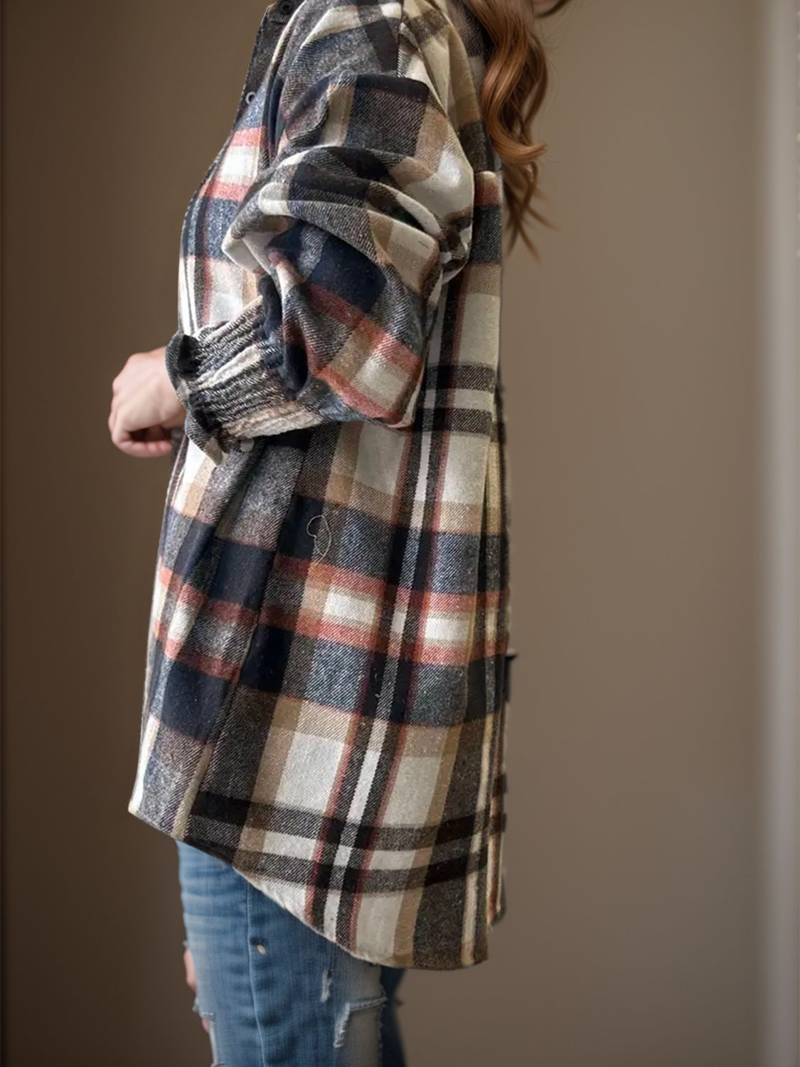 Textured plaid shirting jacket with ribbed cuffs in multicolor, shown on a model.