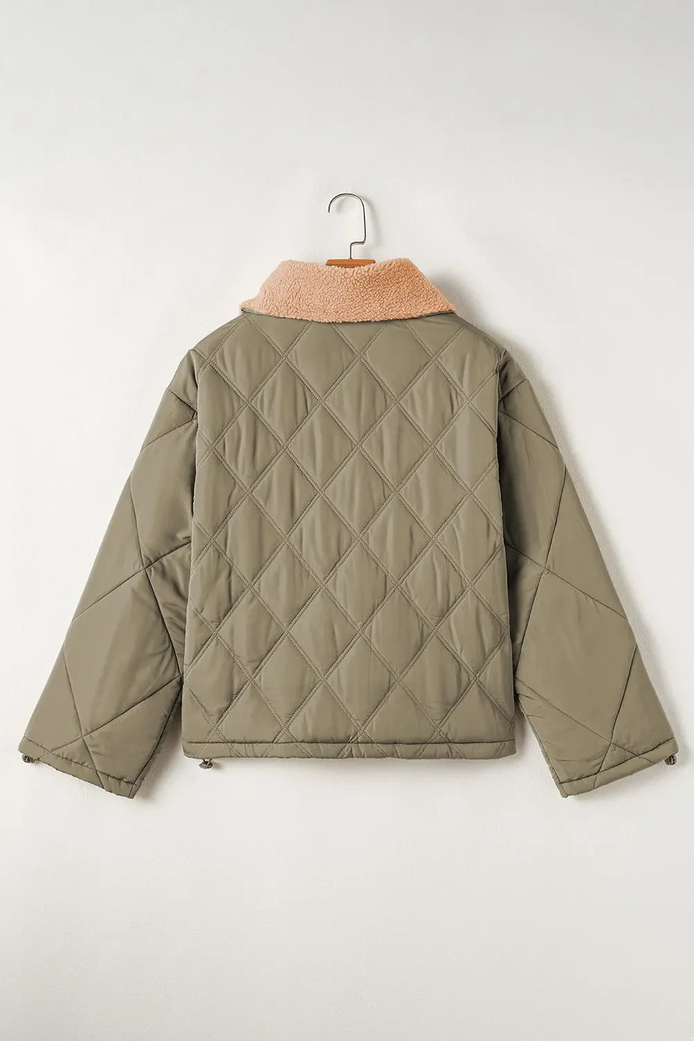 Quilted utility jacket in sage with a cozy shearling collar.