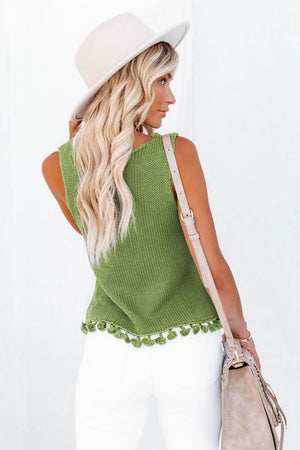Matcha green knit tank top with openwork detail and tassel trim.