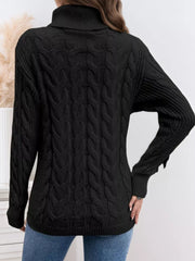 Black cable-knit turtleneck sweater with ribbed cuffs and hem.