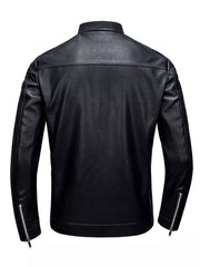 Black leather track jacket with zip cuffs and a stand collar.
