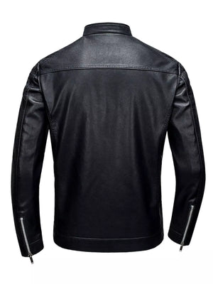Black leather track jacket with zip cuffs and a stand collar.