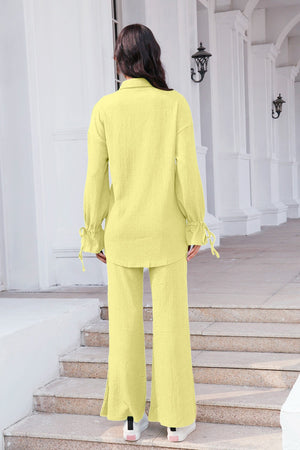 Light Yellow textured tie-sleeve co-ord set with wide-leg pants and split hem.