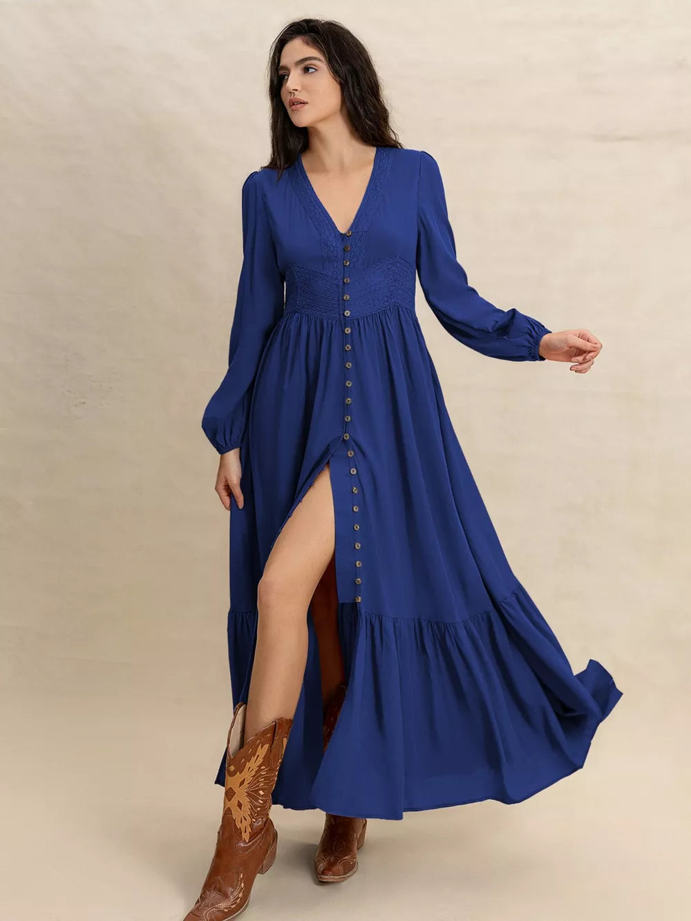 Blue viscose maxi dress with V-neck, button front, tiered skirt, and high slit.