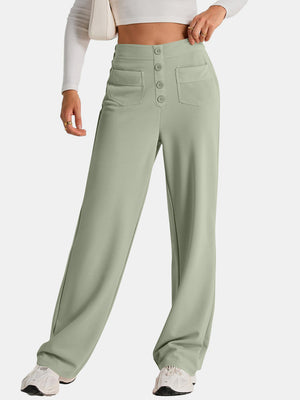 Button-front palazzo trousers in Gum Leaf green with wide legs and pocket details.
