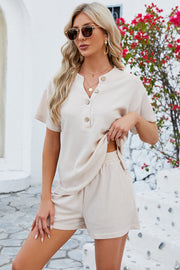 Waffle knit henley short set in light beige with button detail.