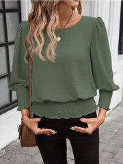 Puff Sleeve Smocked Blouse in Khaki, fabric detail