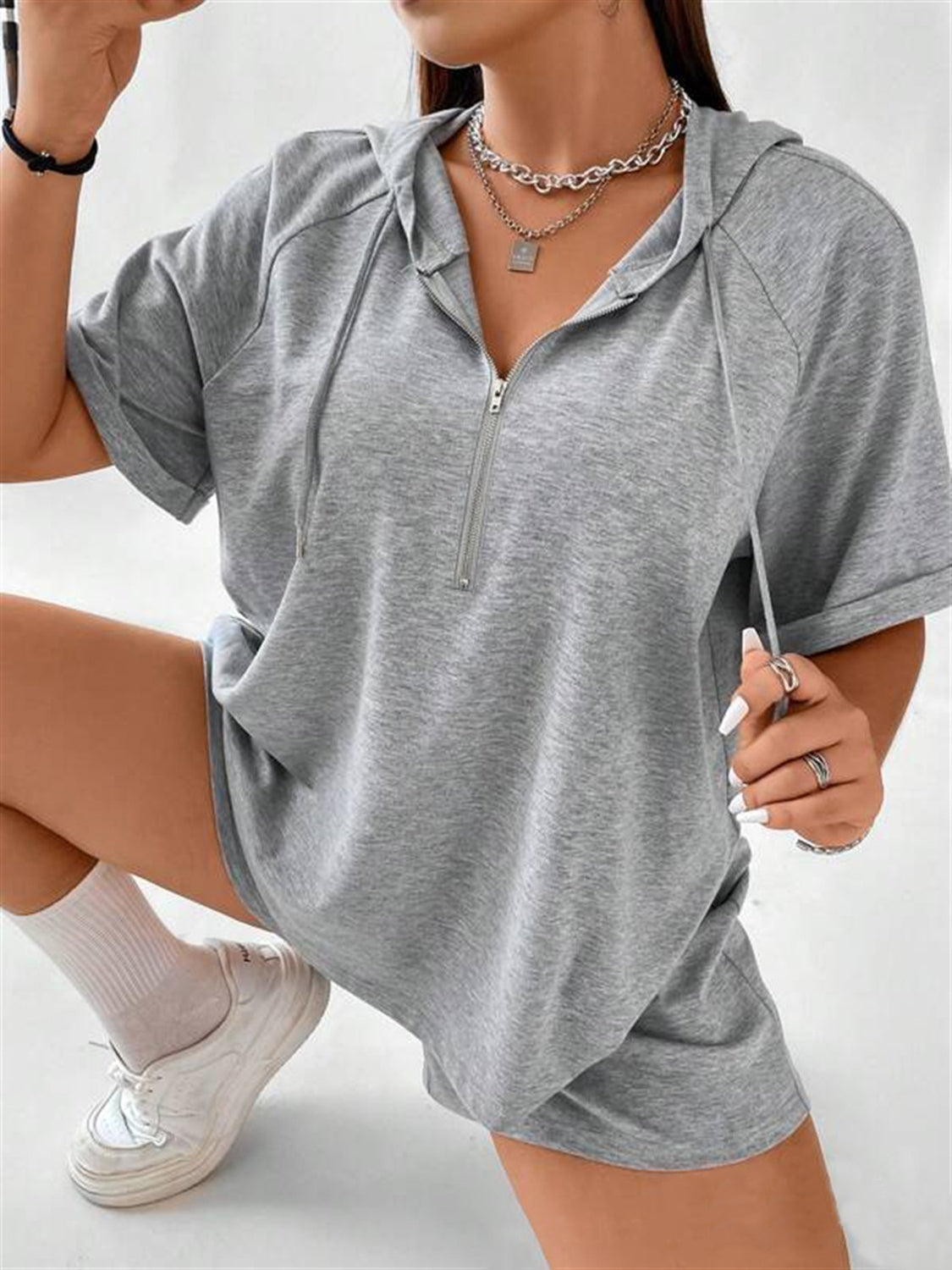 Gray short sleeve zip hoodie and shorts set with drawstring hood
