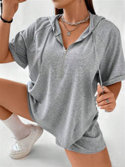 Gray short sleeve zip hoodie and shorts set with drawstring hood