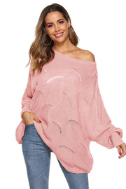 Dusty pink openwork knit sweater with boat neck and cocoon sleeves.