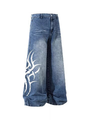 Men's blue denim wide leg jeans with tribal print detail