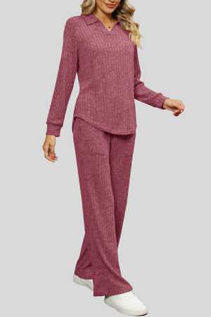 Mauve ribbed knit lounge set with collar and long sleeves, wide leg pants with pockets.