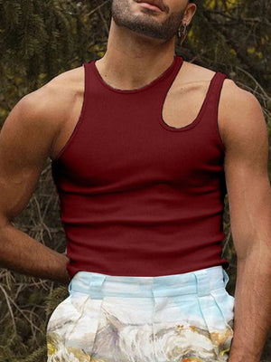 Burgundy ribbed tank top with asymmetrical neckline and sculpted shoulder detail.