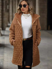 Caramel teddy and quilted hybrid coat with hood and zipper closure.