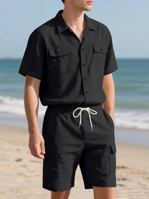 Black relaxed-fit button-up shirt and drawstring shorts set with dual chest pockets.