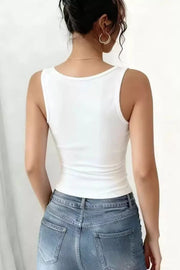 White fitted tank top with lace detail, scoop neck, polyester.