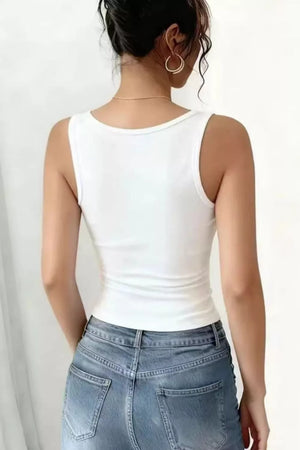 White fitted tank top with lace detail, scoop neck, polyester.