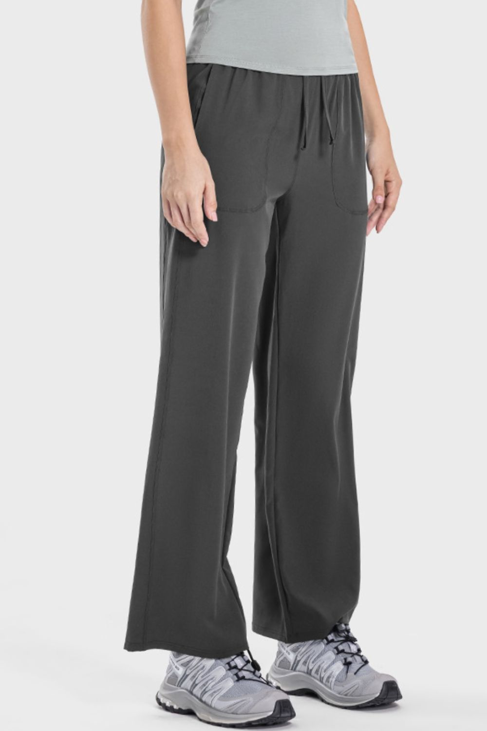 Charcoal relaxed drape drawstring palazzo pants with pockets.