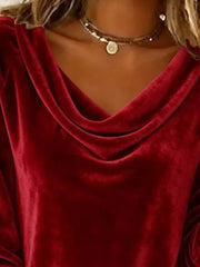 Red velvet t-shirt with a draped cowl neckline.