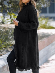 Black textured fringe maxi cardigan with pockets and open knit details.