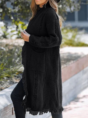 Black textured fringe maxi cardigan with pockets and open knit details.